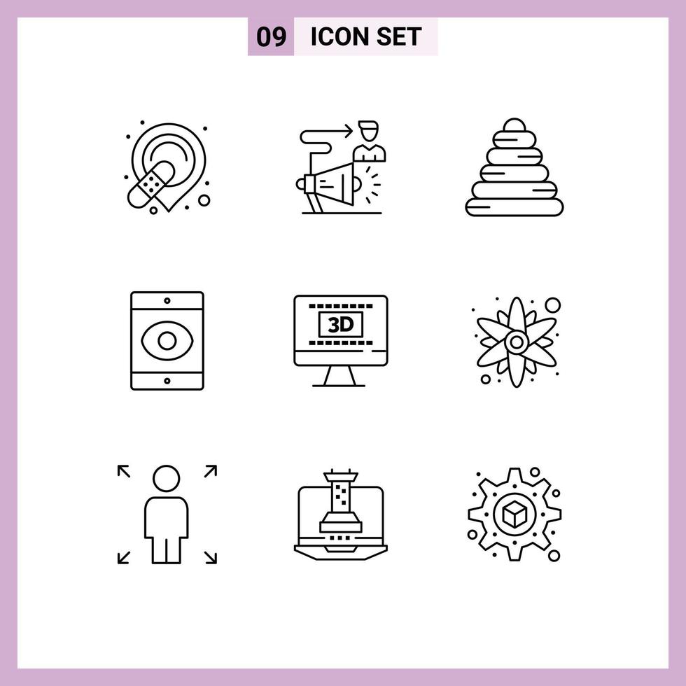 Group of 9 Modern Outlines Set for movie cinema megaphone virus smartphone Editable Vector Design Elements