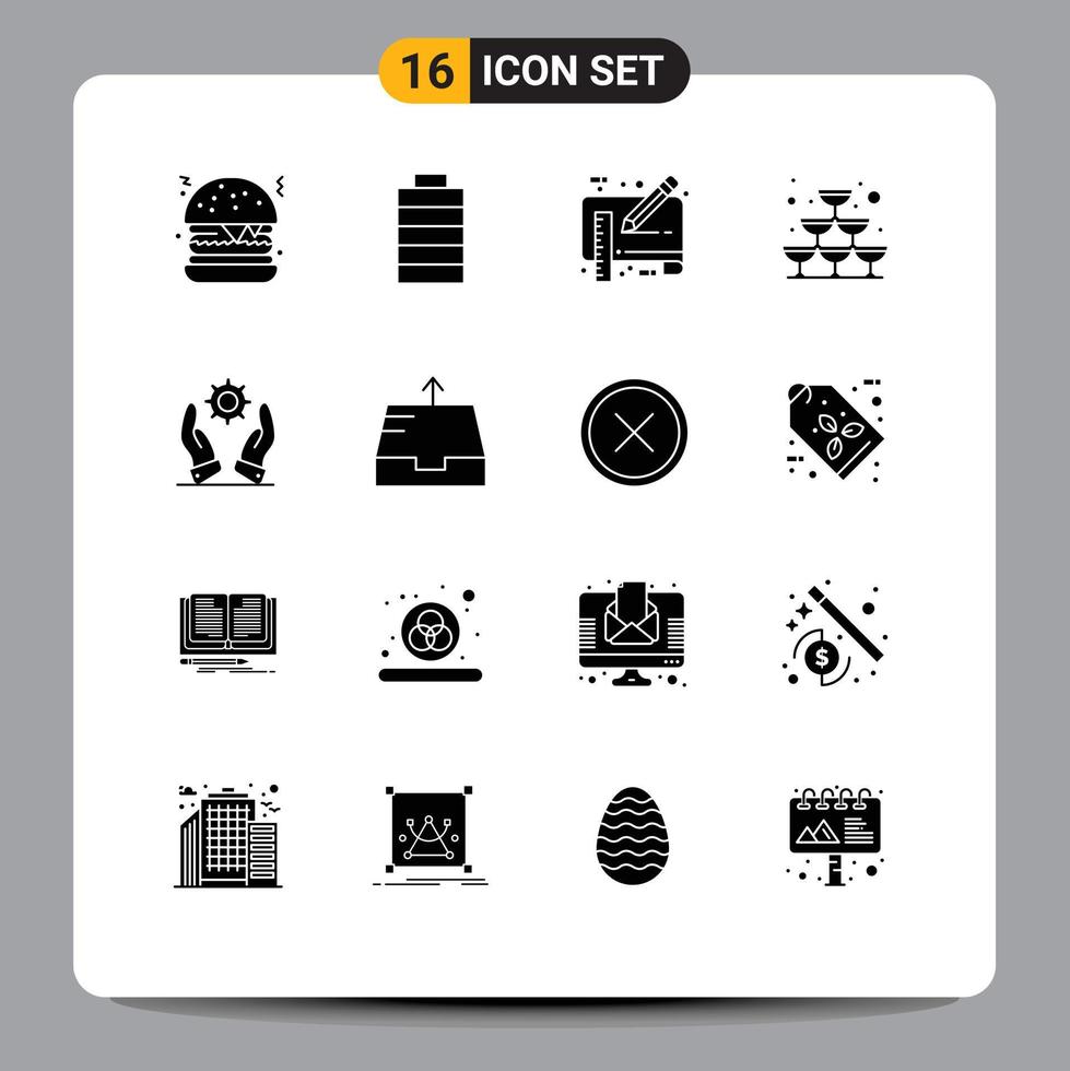 Set of 16 Commercial Solid Glyphs pack for modern business draft party sparkling Editable Vector Design Elements