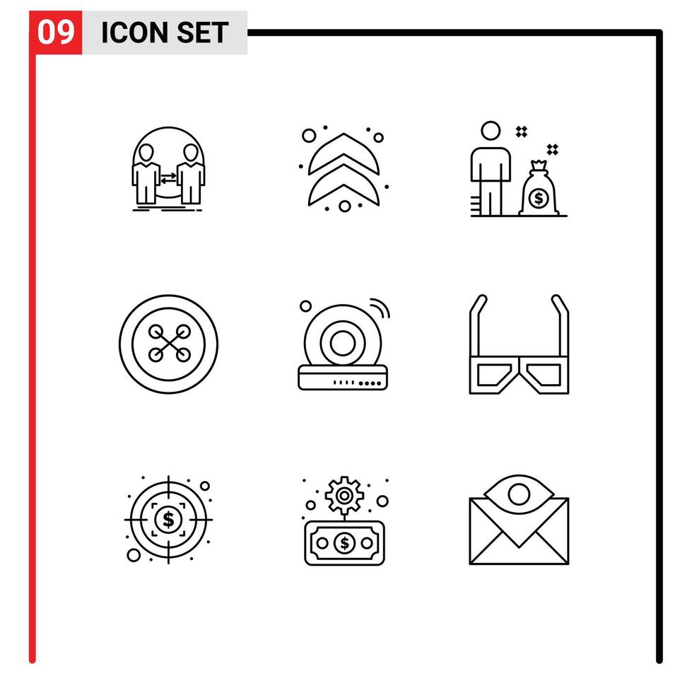 Mobile Interface Outline Set of 9 Pictograms of wifi cd business sew clothing Editable Vector Design Elements