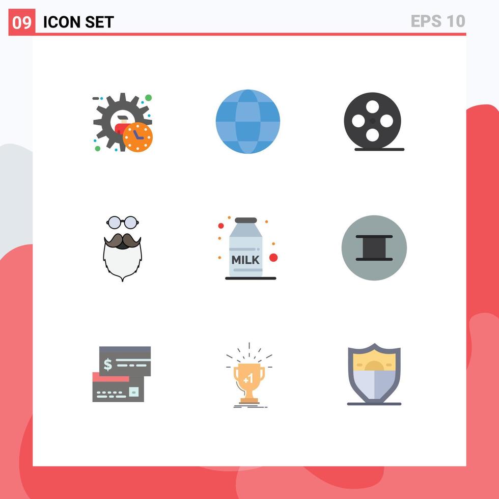 Mobile Interface Flat Color Set of 9 Pictograms of men movember globe hipster multimedia Editable Vector Design Elements