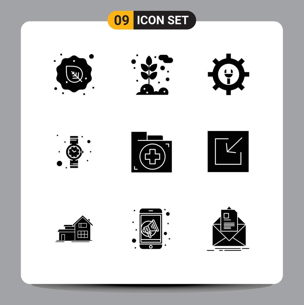 Group of 9 Modern Solid Glyphs Set for document aid wheat watch hand watch Editable Vector Design Elements