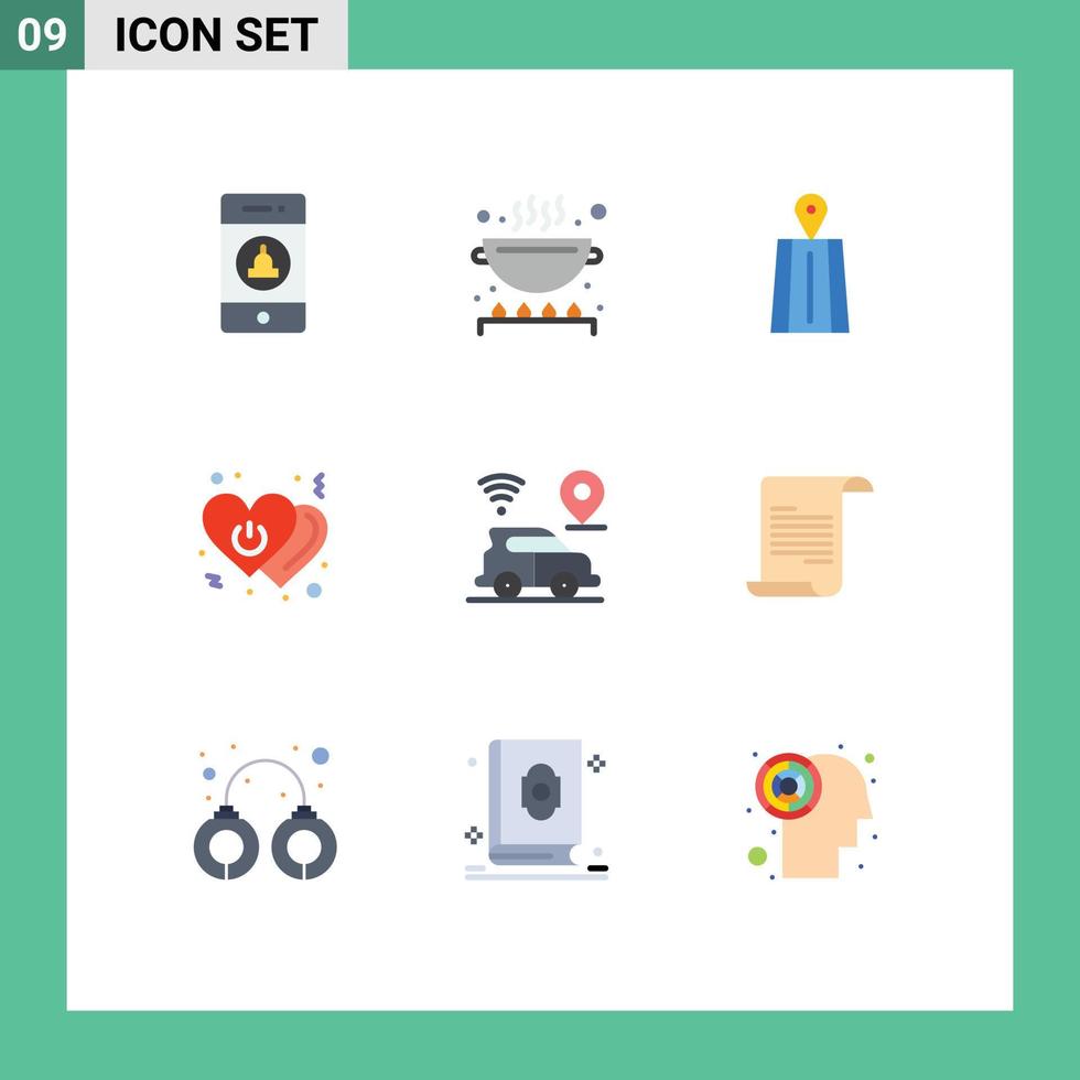 Group of 9 Flat Colors Signs and Symbols for location switch navigation power love Editable Vector Design Elements