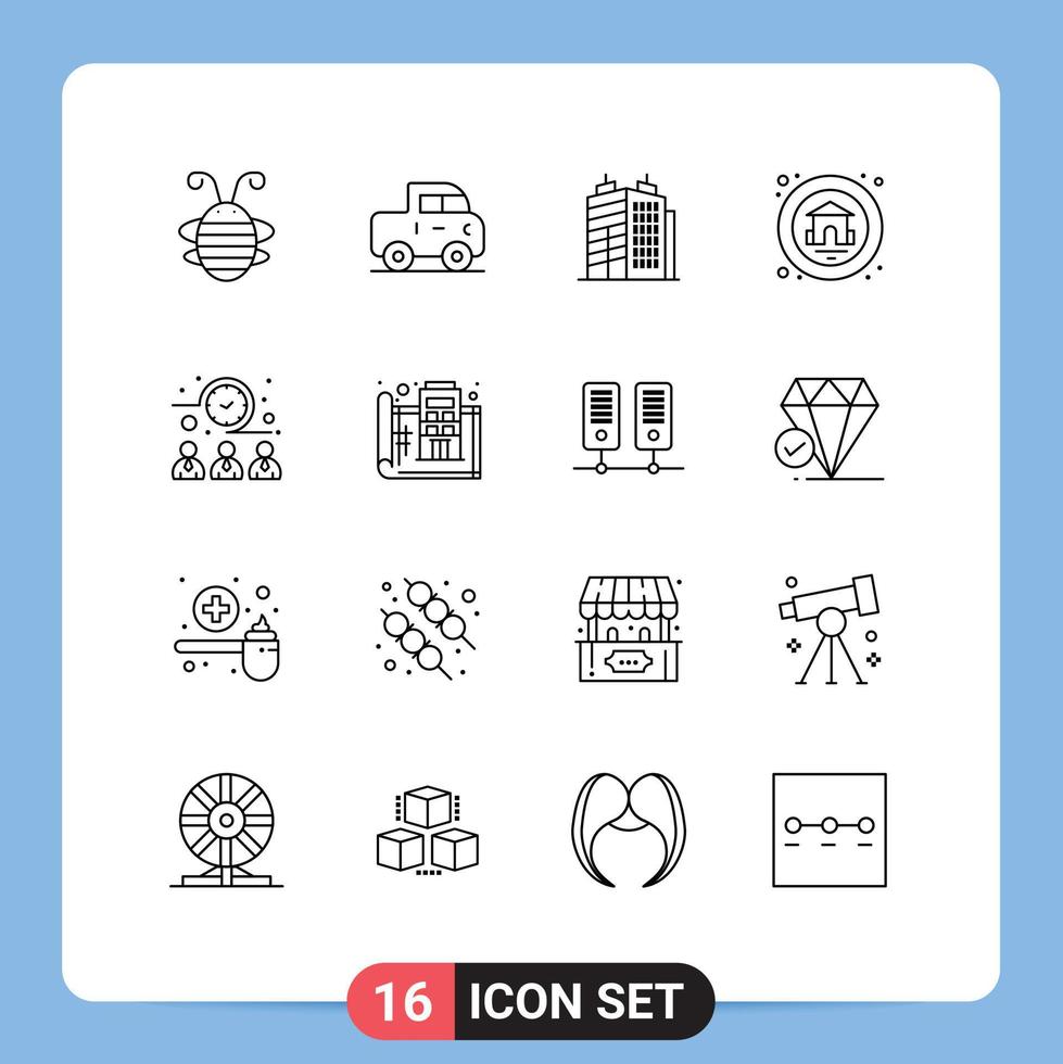 Pack of 16 creative Outlines of workers meeting time building meeting house Editable Vector Design Elements
