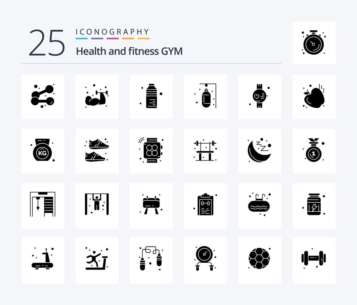 Gym 25 Solid Glyph icon pack including food. watch. bag. sport. sports vector