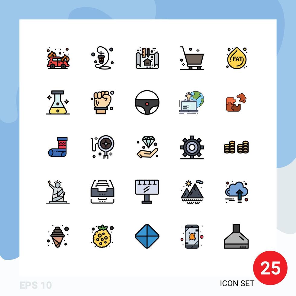 25 Universal Filled line Flat Color Signs Symbols of droop shopping apartment e commerce cart Editable Vector Design Elements