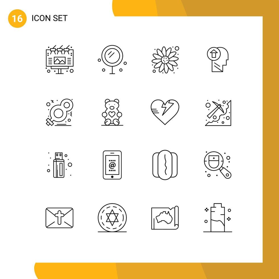 Pack of 16 Modern Outlines Signs and Symbols for Web Print Media such as day mind carnival knowledge head Editable Vector Design Elements