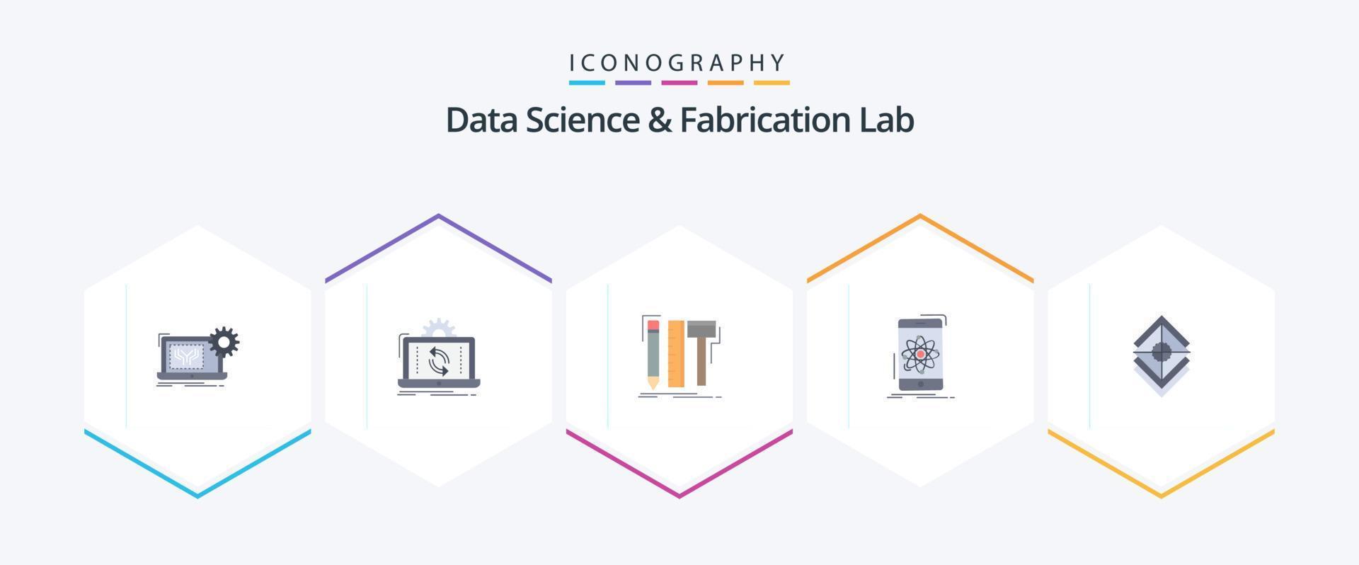 Data Science And Fabrication Lab 25 Flat icon pack including mobile. data. reporting. pencil. digital vector