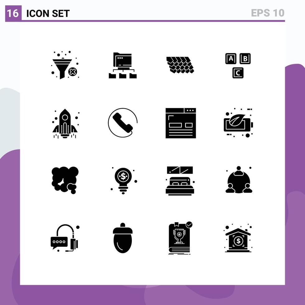 Modern Set of 16 Solid Glyphs and symbols such as rocket alphabet roof basic abc Editable Vector Design Elements