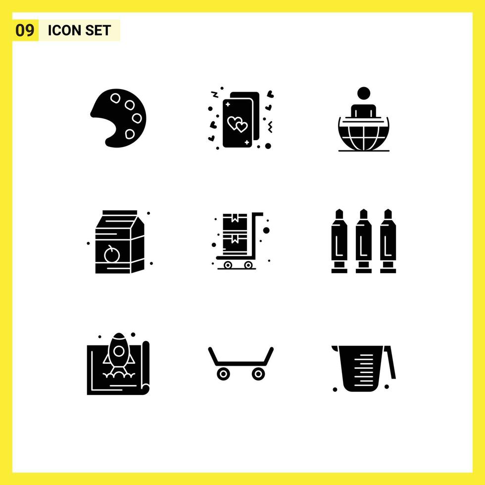 Group of 9 Solid Glyphs Signs and Symbols for shopping cart milk global process food breakfast Editable Vector Design Elements