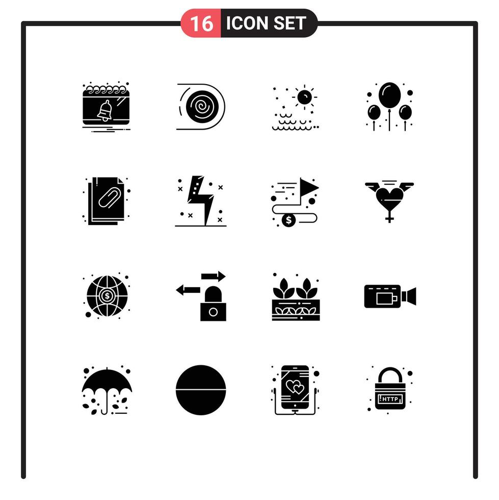 User Interface Pack of 16 Basic Solid Glyphs of attachment party endless celebration sunset Editable Vector Design Elements