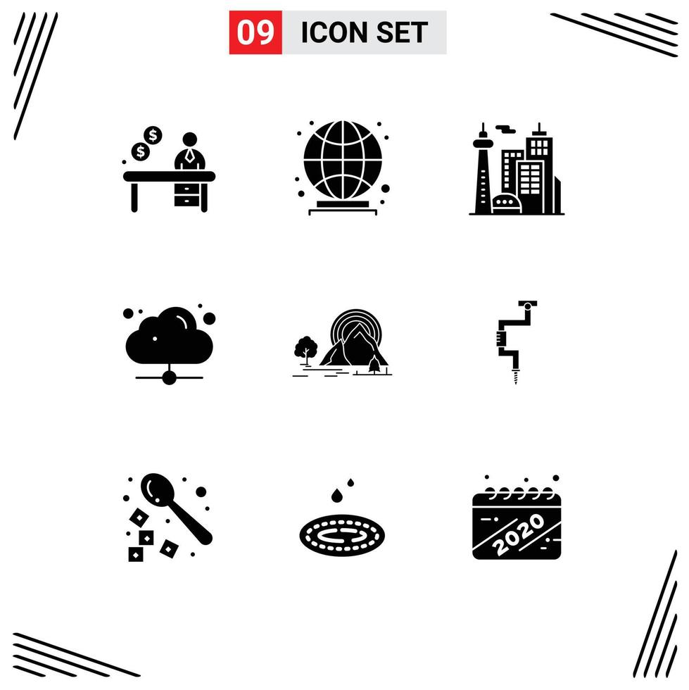Set of 9 Vector Solid Glyphs on Grid for landscape mountain building online technology Editable Vector Design Elements