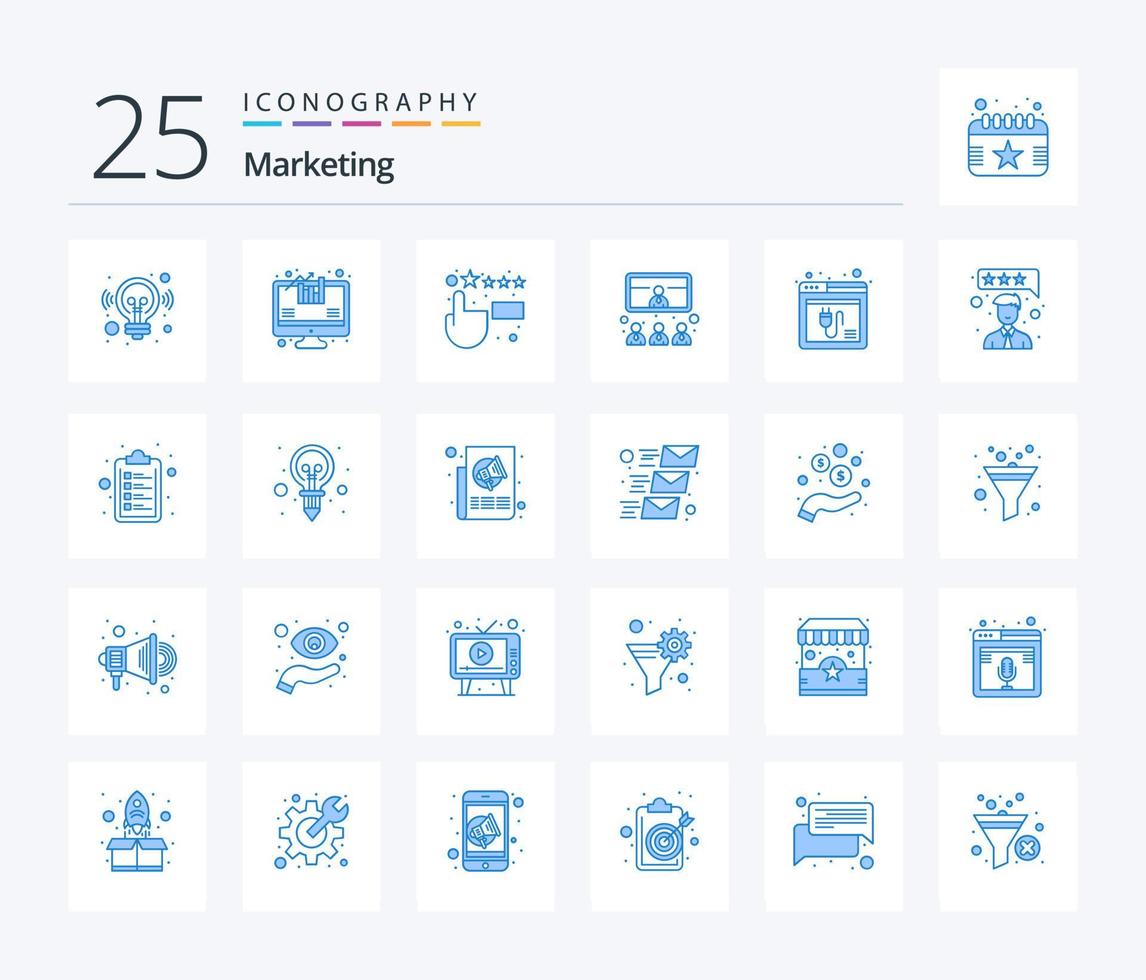 Marketing 25 Blue Color icon pack including plugin. browser. feedback. video. meeting vector