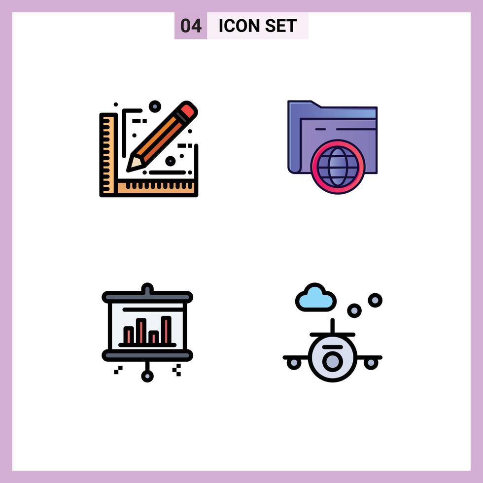 4 Universal Filledline Flat Color Signs Symbols of architect projector sketch fie beach Editable Vector Design Elements