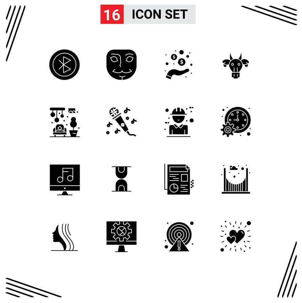 16 Universal Solid Glyphs Set for Web and Mobile Applications home indian hand bull adornment Editable Vector Design Elements