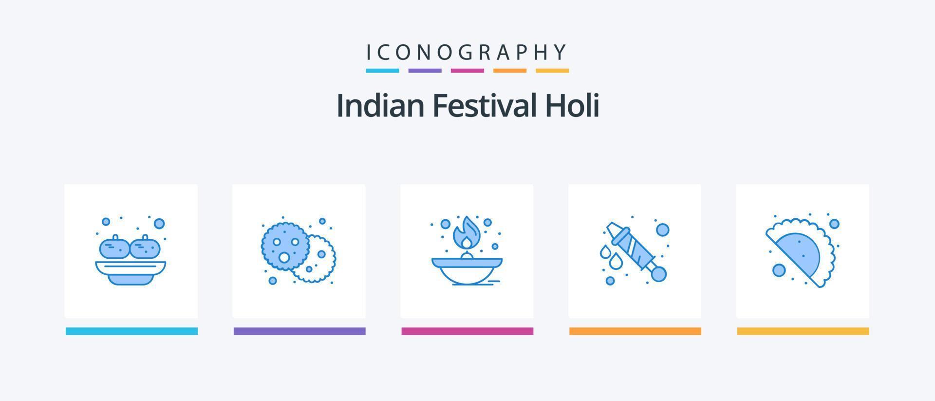 Holi Blue 5 Icon Pack Including gujjia. celebration. light. water gun. oil lamp. Creative Icons Design vector