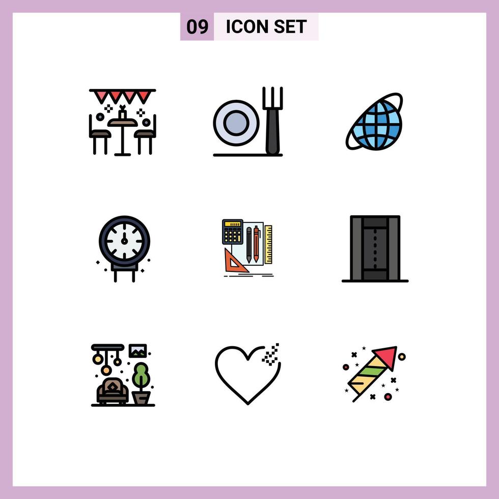 paquete de 9 modernos signos y símbolos de colores planos de línea de relleno para medios de impresión web, como elementos de diseño de vectores editables de calibre de plomería de globo de plomería de libros
