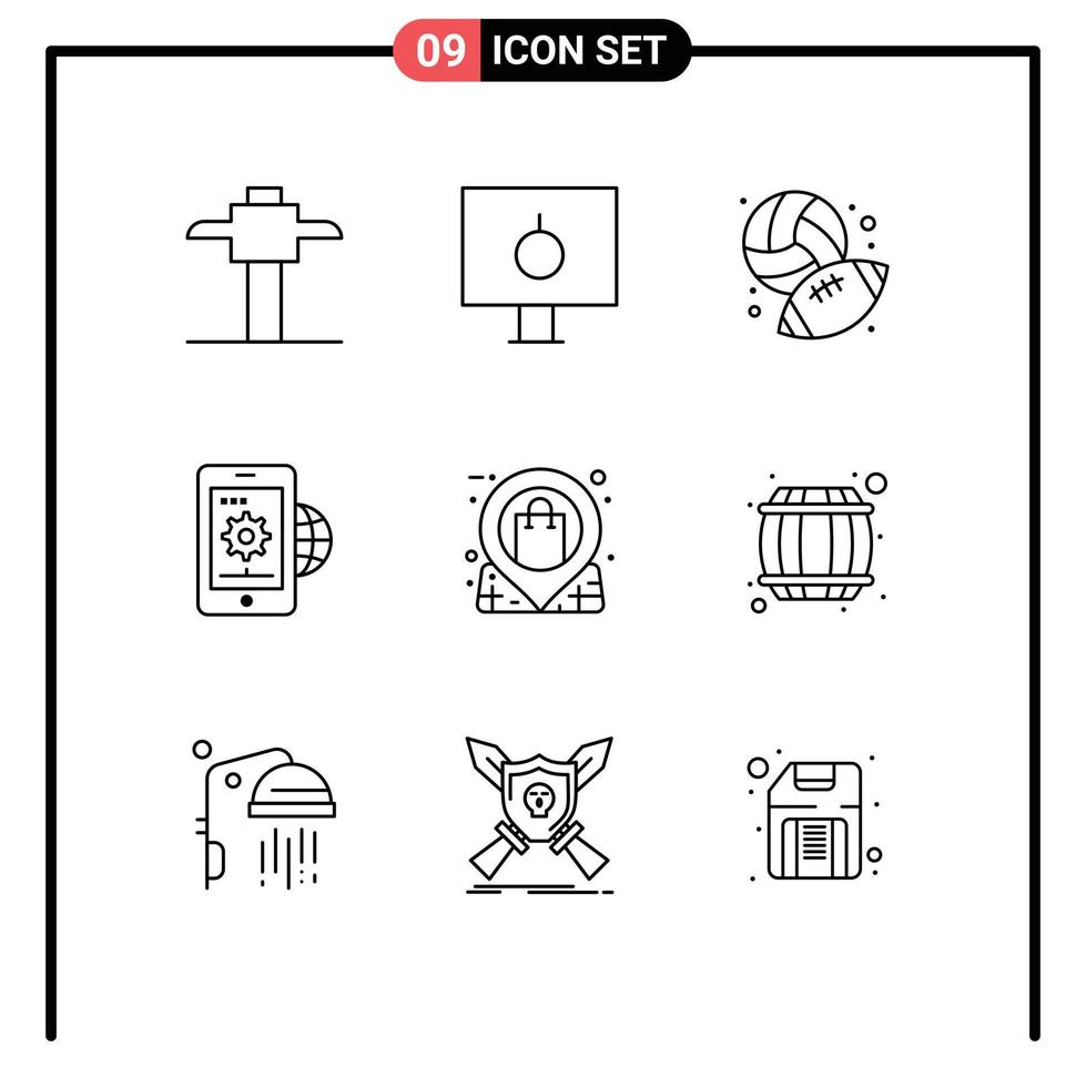 Pictogram Set of 9 Simple Outlines of market setting baseball globe gear Editable Vector Design Elements