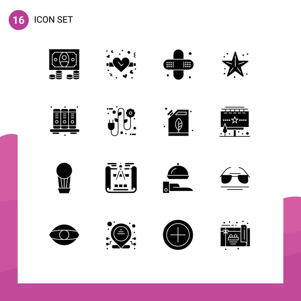 Group of 16 Solid Glyphs Signs and Symbols for notebook business medical agenda star Editable Vector Design Elements