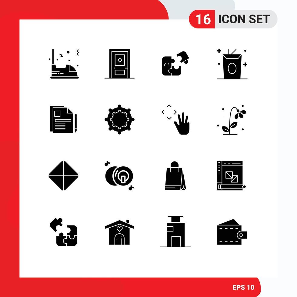 Mobile Interface Solid Glyph Set of 16 Pictograms of food drink door success match Editable Vector Design Elements