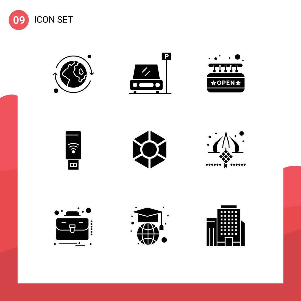 Set of 9 Commercial Solid Glyphs pack for crypto expanse open signal wifi Editable Vector Design Elements