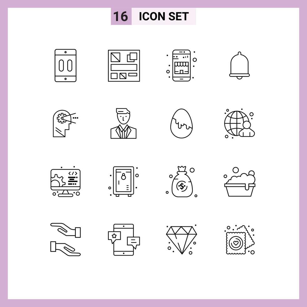 Modern Set of 16 Outlines Pictograph of process sound buy notification alert Editable Vector Design Elements