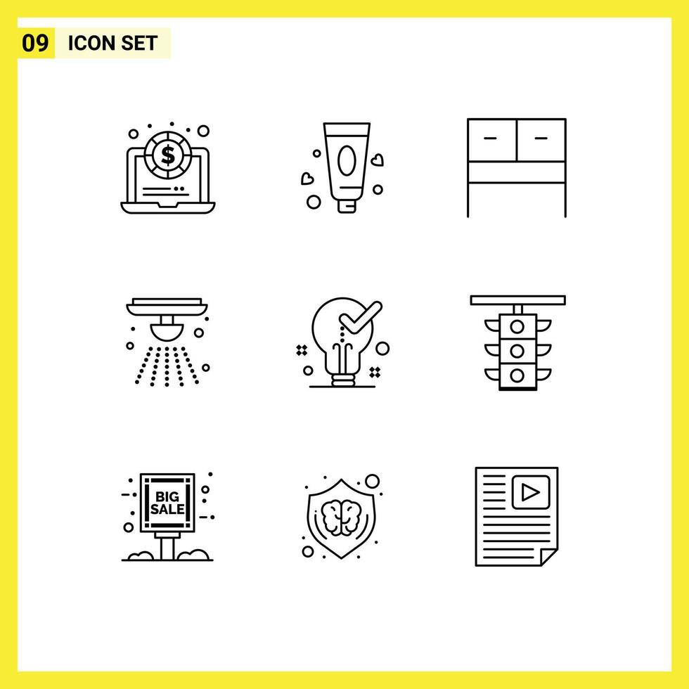 Modern Set of 9 Outlines Pictograph of tick light table idea fire Editable Vector Design Elements
