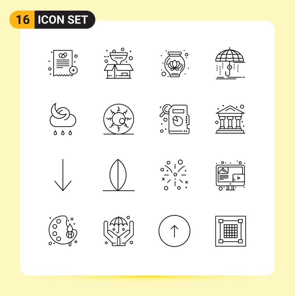 Modern Set of 16 Outlines and symbols such as moon protection pot money financial Editable Vector Design Elements