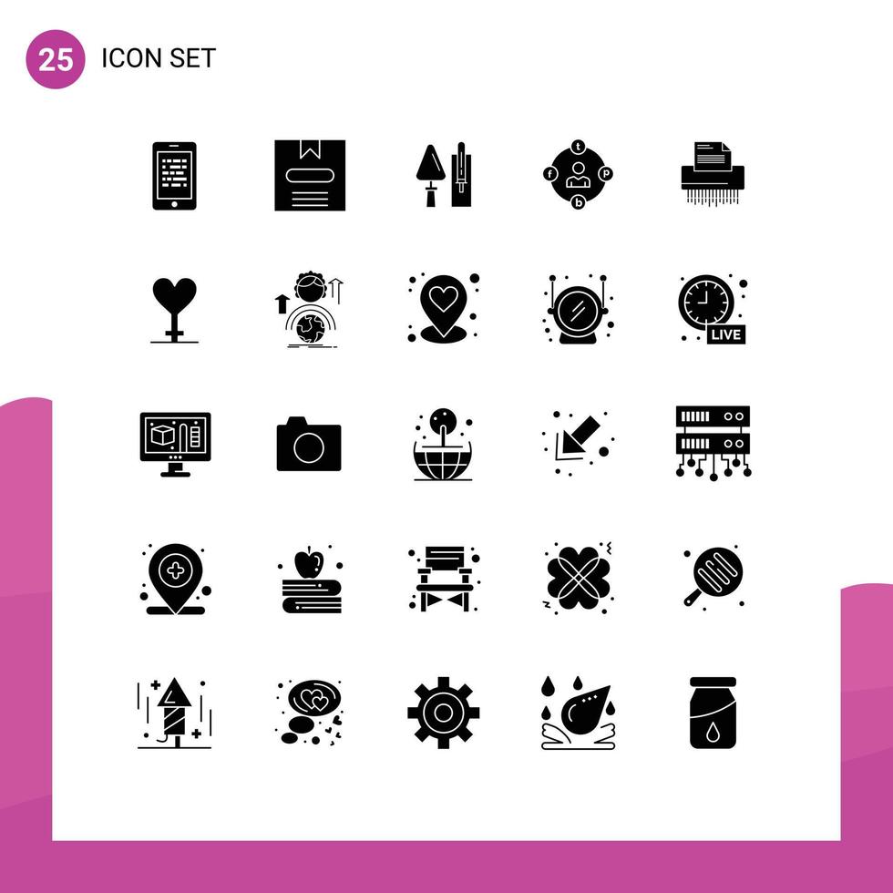 Set of 25 Commercial Solid Glyphs pack for media communication hide social media masonry Editable Vector Design Elements