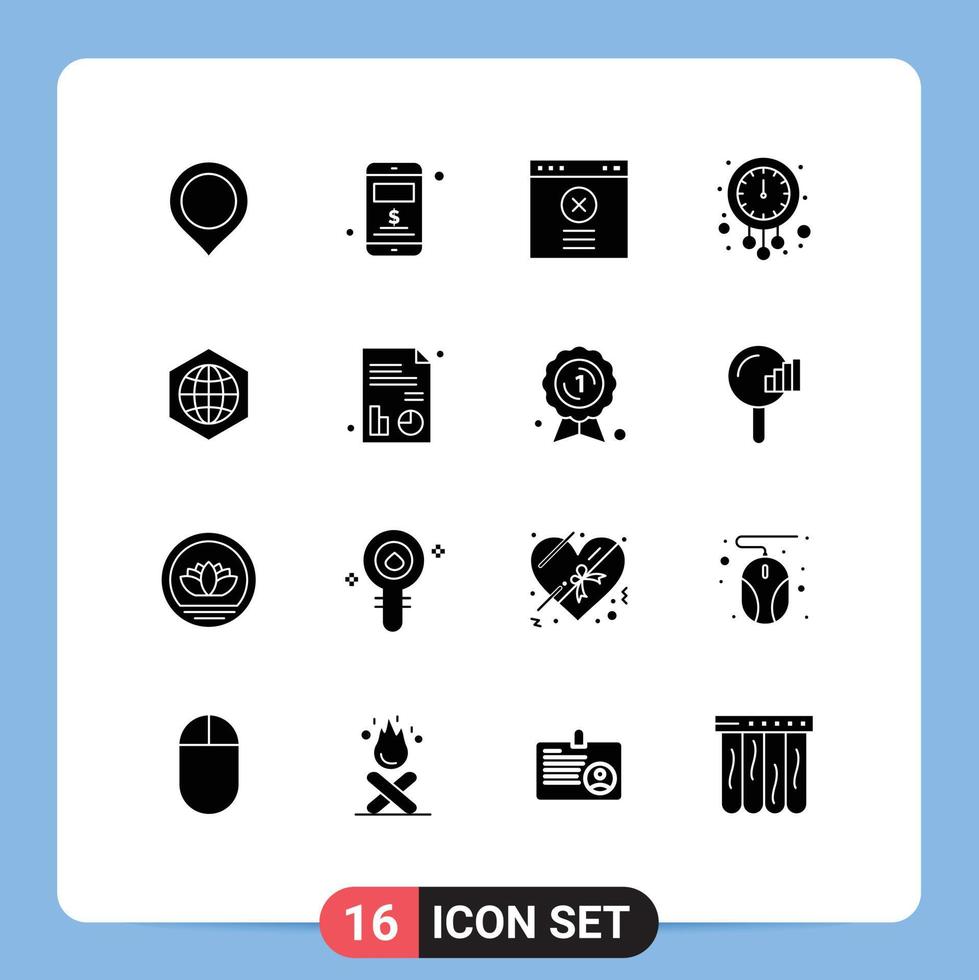 Pack of 16 Modern Solid Glyphs Signs and Symbols for Web Print Media such as globe earth blocked watch new year Editable Vector Design Elements