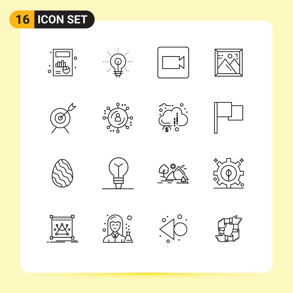 Universal Icon Symbols Group of 16 Modern Outlines of goal target inspirating picture frame Editable Vector Design Elements