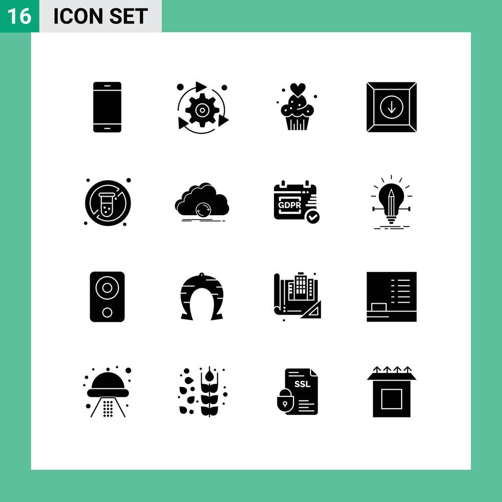 Pack of 16 creative Solid Glyphs of product box gear sweets muffins Editable Vector Design Elements