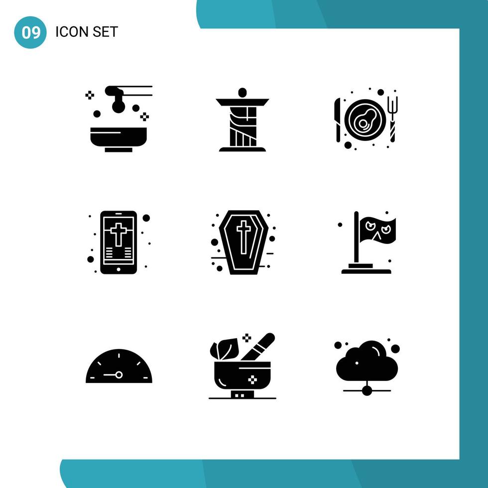 Pack of 9 creative Solid Glyphs of coffin cross landmark christian mobile Editable Vector Design Elements