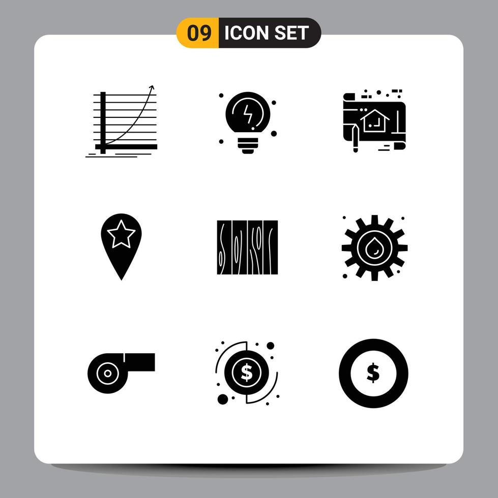 Group of 9 Solid Glyphs Signs and Symbols for furniture star plan location ruler Editable Vector Design Elements