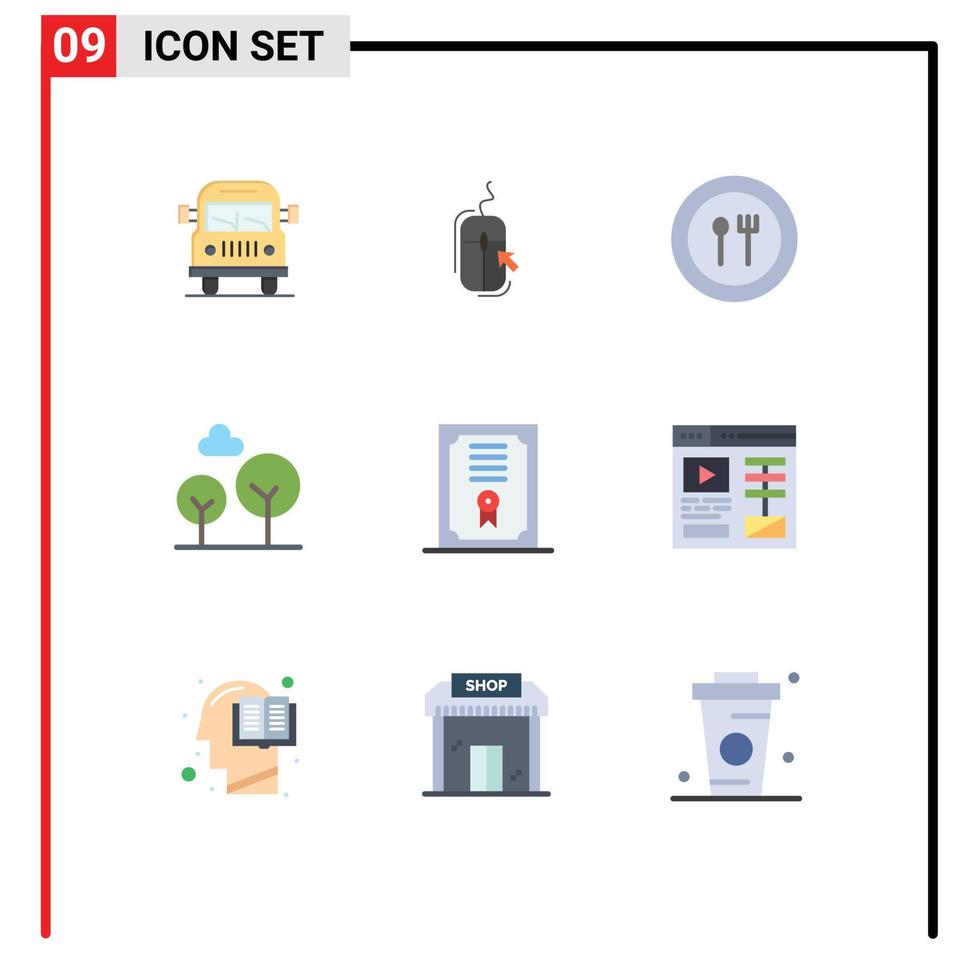 Universal Icon Symbols Group of 9 Modern Flat Colors of degree tree shopping evergreen tree plate Editable Vector Design Elements