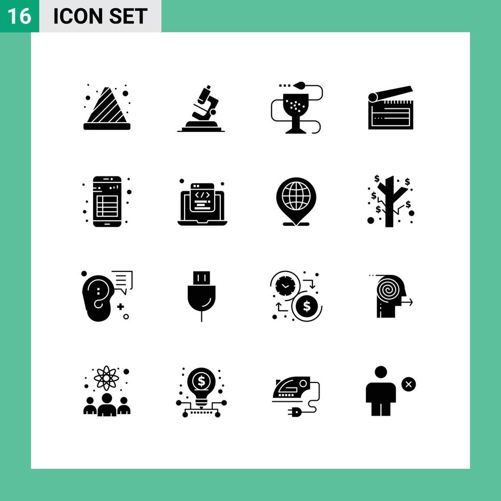 Group of 16 Modern Solid Glyphs Set for clapperboard clapboard disease board pharmacy Editable Vector Design Elements