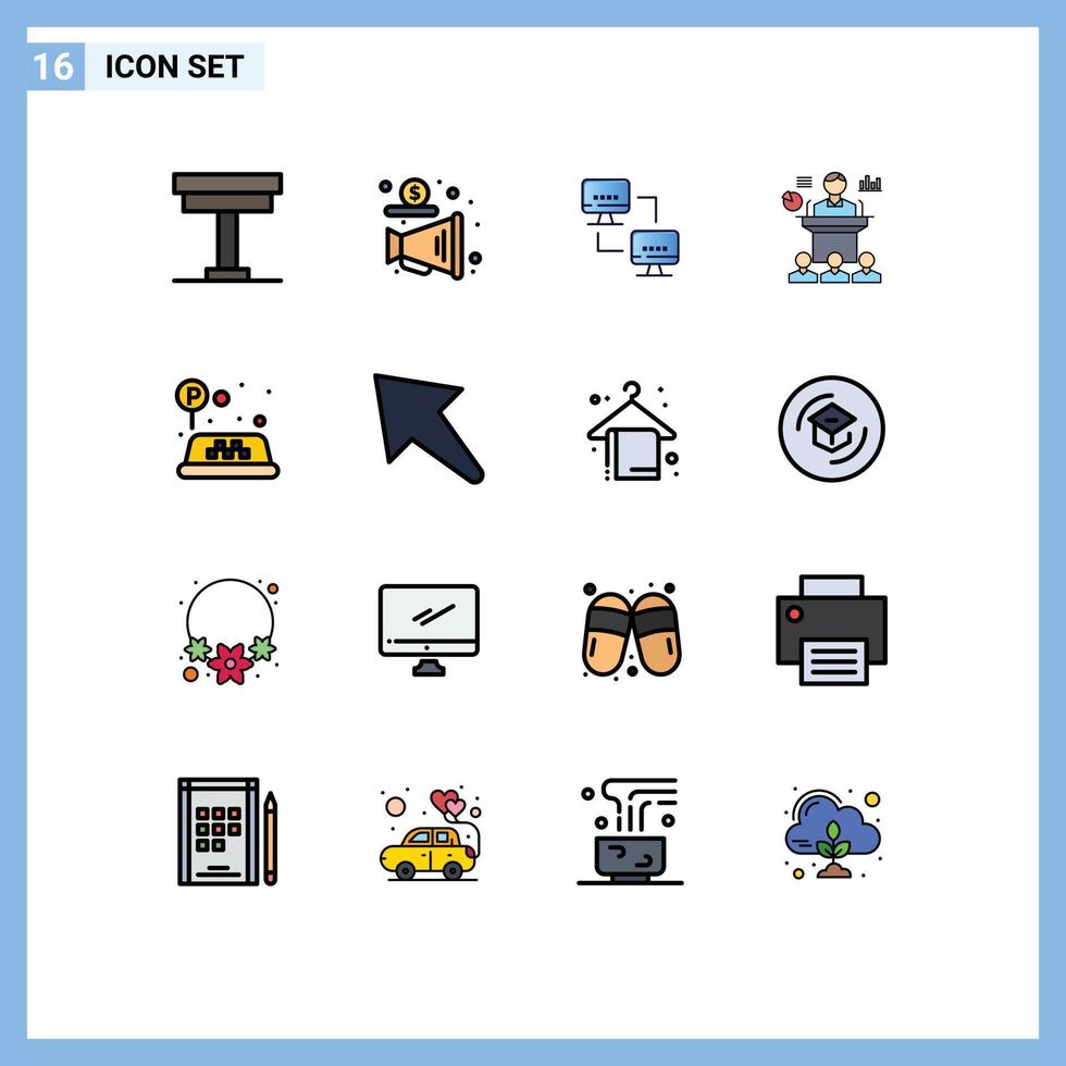 16 Universal Flat Color Filled Lines Set for Web and Mobile Applications seminar convention money conference computers Editable Creative Vector Design Elements