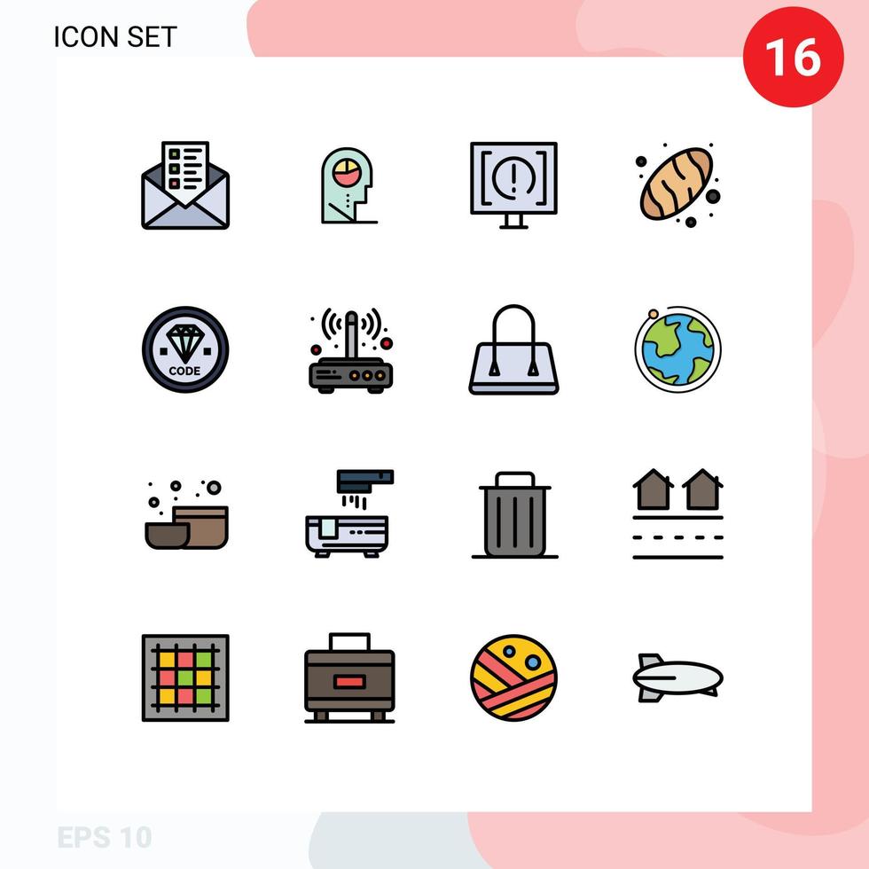 16 Universal Flat Color Filled Lines Set for Web and Mobile Applications develop code customer food baking Editable Creative Vector Design Elements