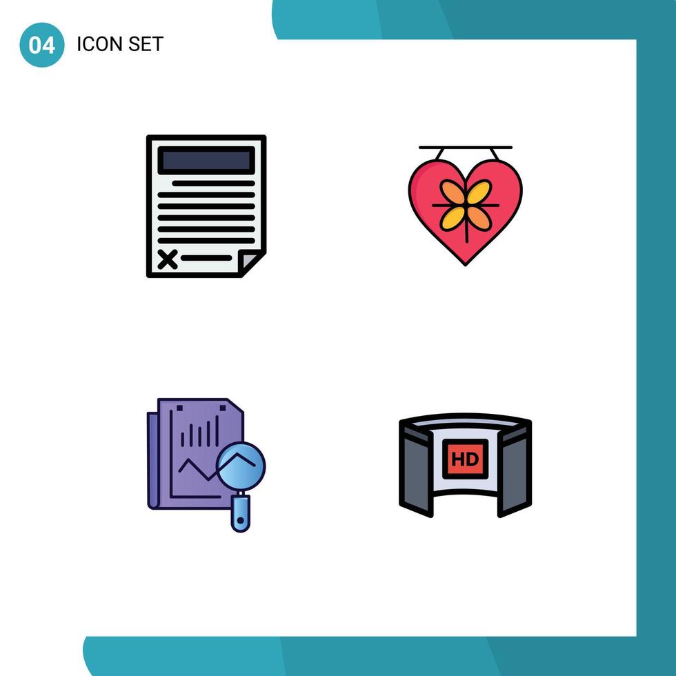 Pack of 4 creative Filledline Flat Colors of contract file page love search Editable Vector Design Elements