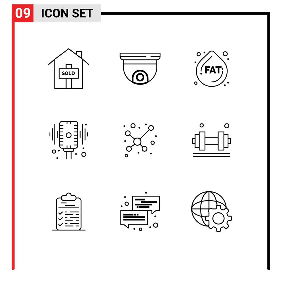 Pack of 9 Modern Outlines Signs and Symbols for Web Print Media such as molecule sound fat audio record Editable Vector Design Elements
