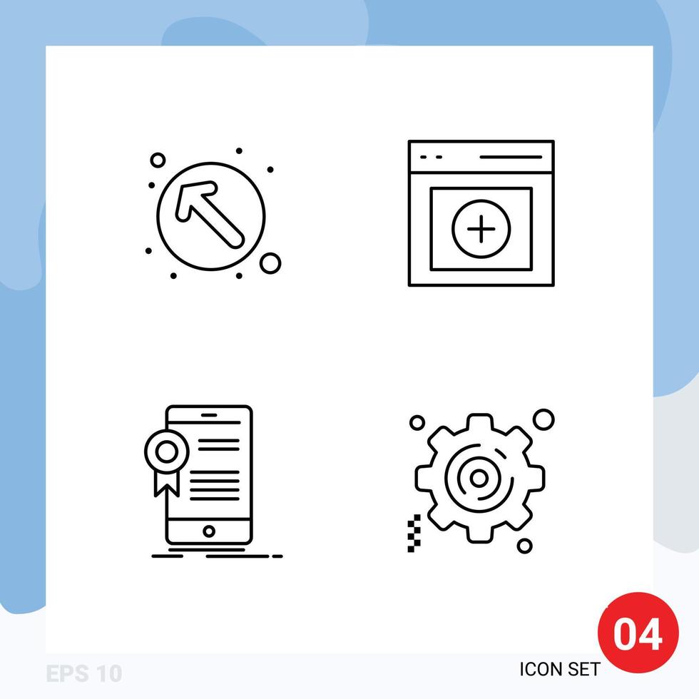 Pack of 4 Modern Filledline Flat Colors Signs and Symbols for Web Print Media such as arrow certification up left upload application Editable Vector Design Elements