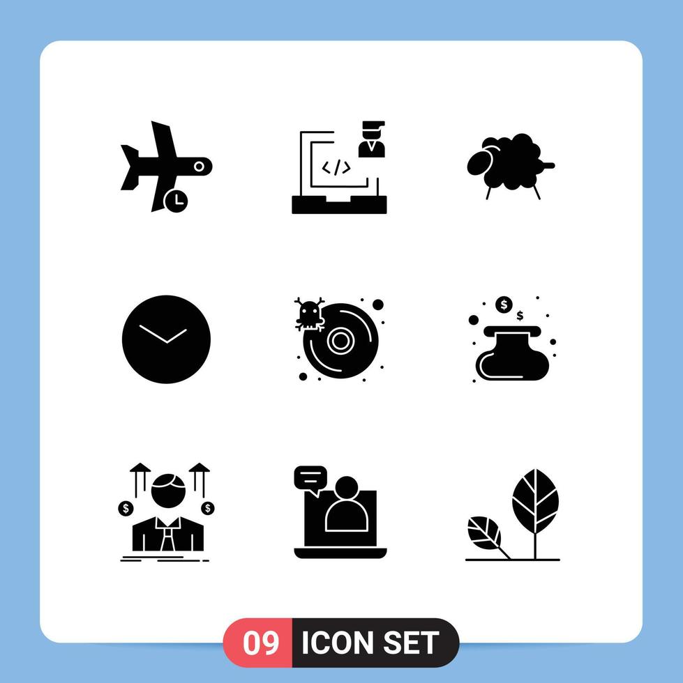 9 User Interface Solid Glyph Pack of modern Signs and Symbols of clock watch laptop basic wool Editable Vector Design Elements