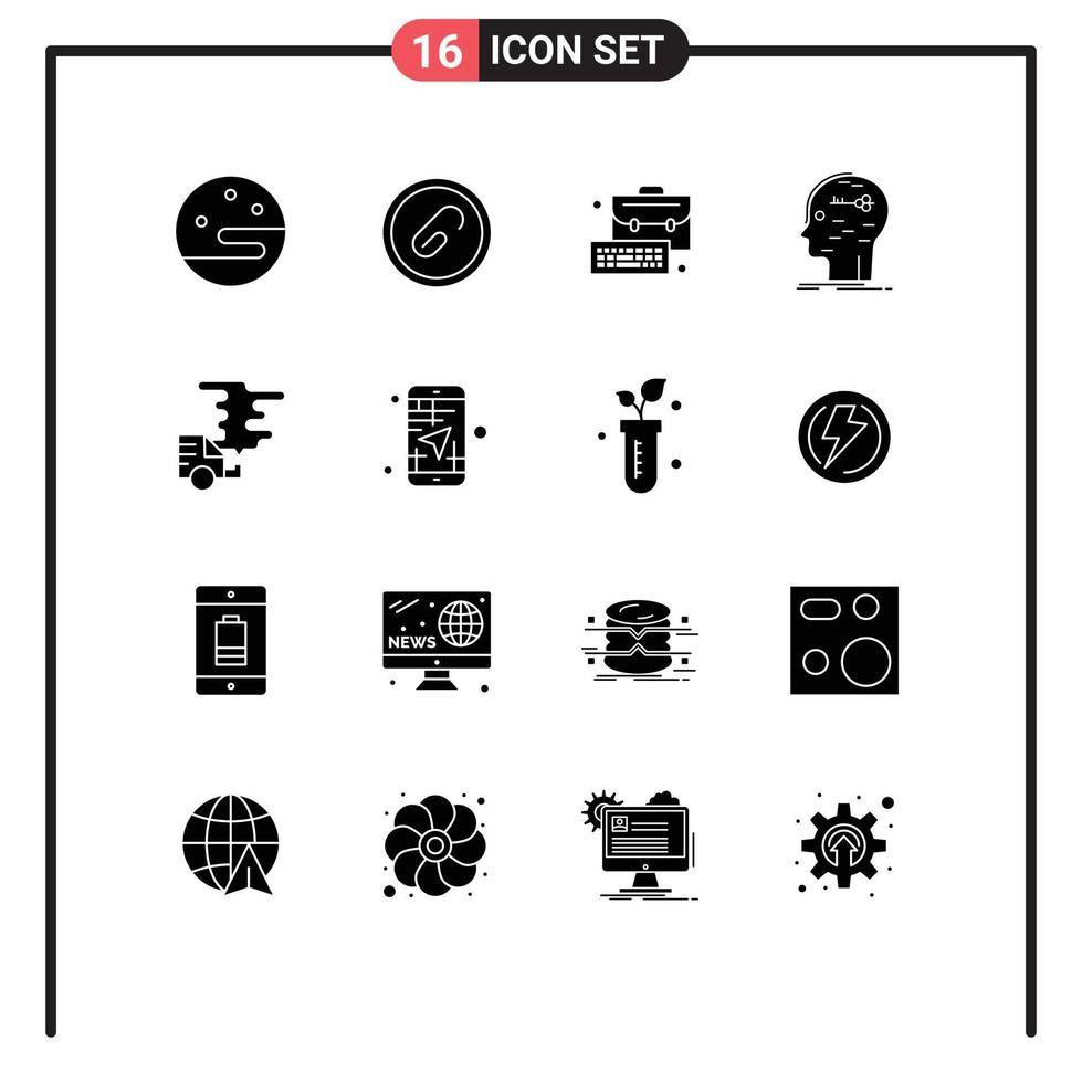 User Interface Pack of 16 Basic Solid Glyphs of automobile key business hacking brain Editable Vector Design Elements