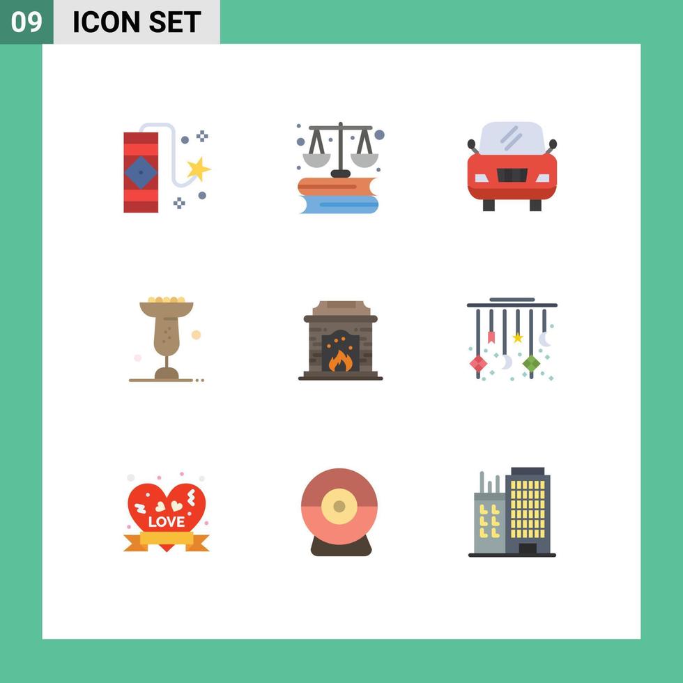 Mobile Interface Flat Color Set of 9 Pictograms of eid fire place car chimney eat Editable Vector Design Elements