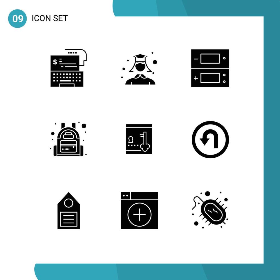 9 Thematic Vector Solid Glyphs and Editable Symbols of locker travel woman bag video Editable Vector Design Elements