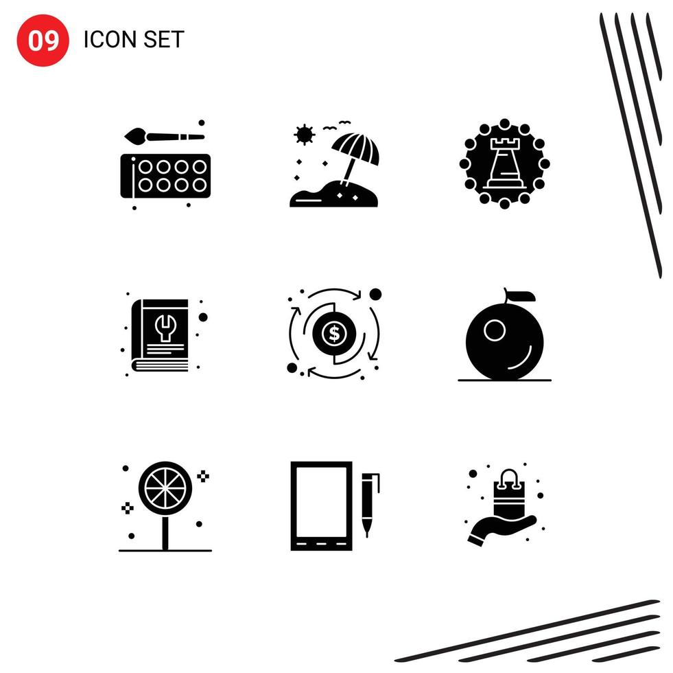 Set of 9 Vector Solid Glyphs on Grid for tool repair castle manual strategy Editable Vector Design Elements