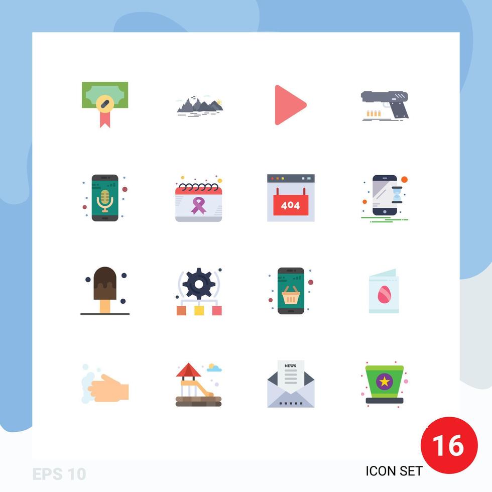 Pictogram Set of 16 Simple Flat Colors of mobile app shooter cliff pistol gun Editable Pack of Creative Vector Design Elements