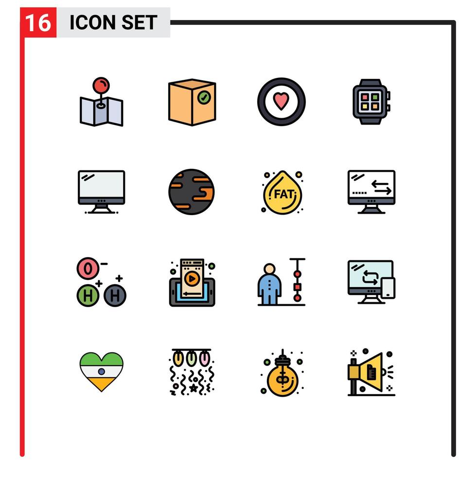 User Interface Pack of 16 Basic Flat Color Filled Lines of device computer heart watch smart Editable Creative Vector Design Elements