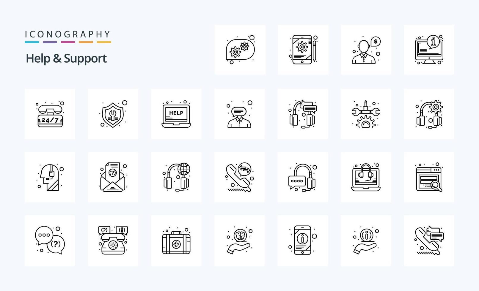 paquete de 25 iconos de línea de ayuda y soporte vector