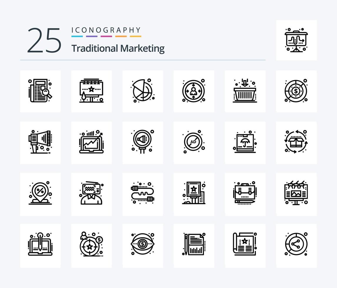 paquete de iconos de 25 líneas de marketing tradicional que incluye cesta. experiencia. cartelera. cliente. Cuota vector