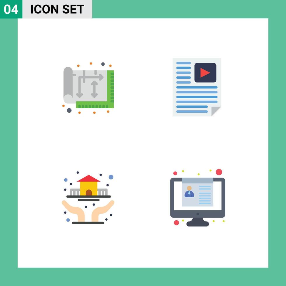 Set of 4 Vector Flat Icons on Grid for architect video house page hands Editable Vector Design Elements